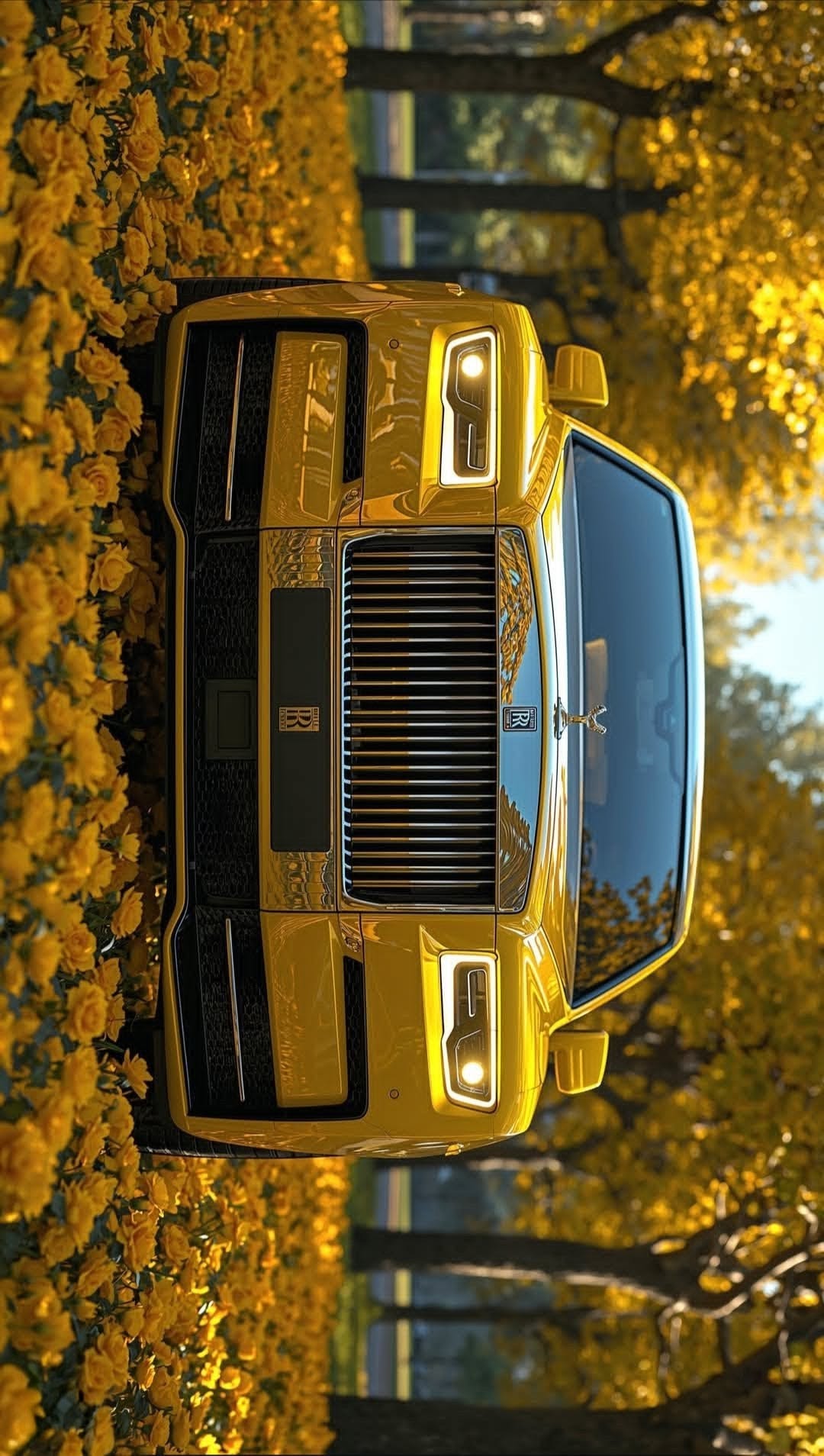 A luxury Rolls Royce car parked on a road with golden autumn leaves in the background