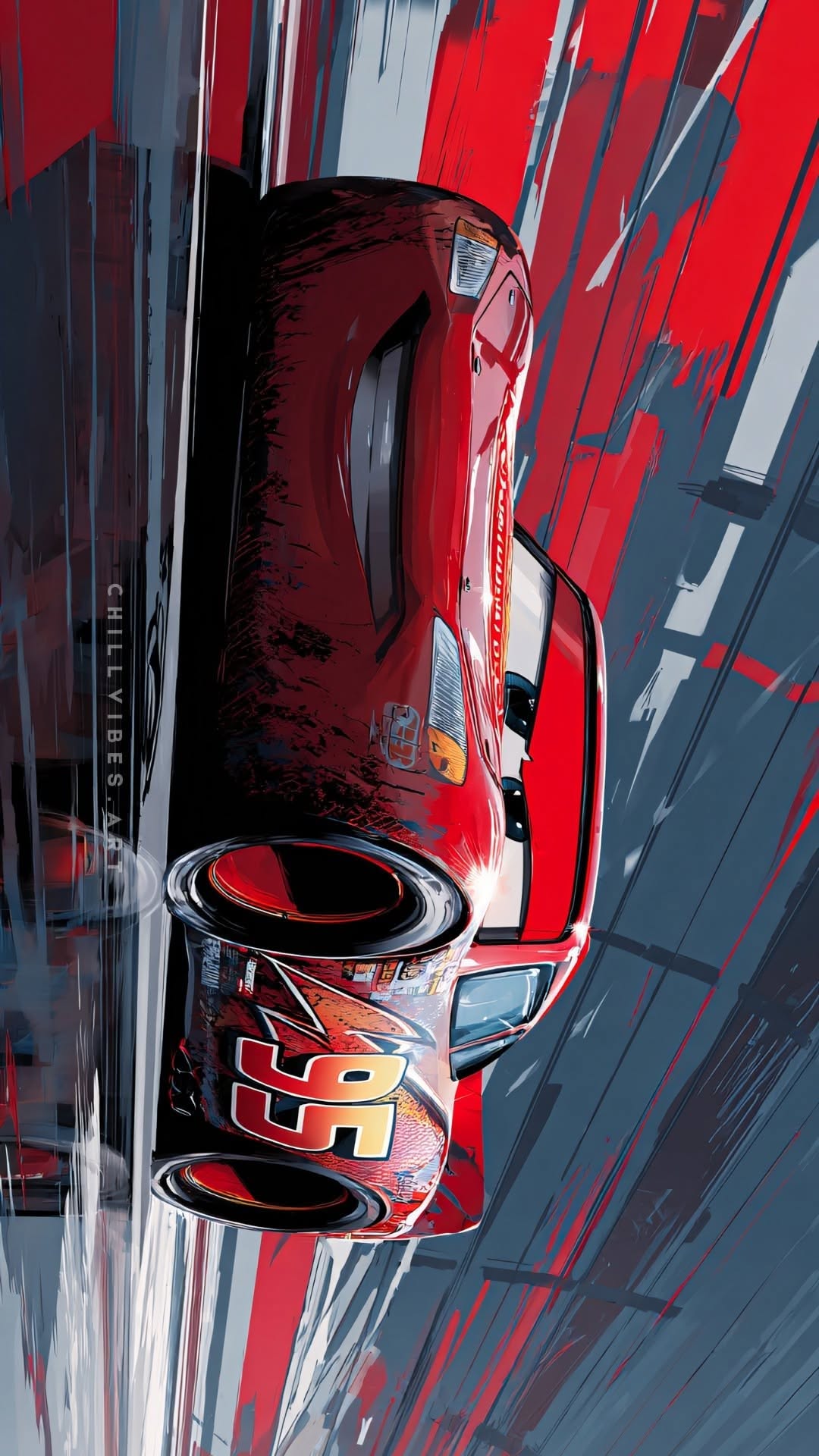 a painting of a red race car driving down the track