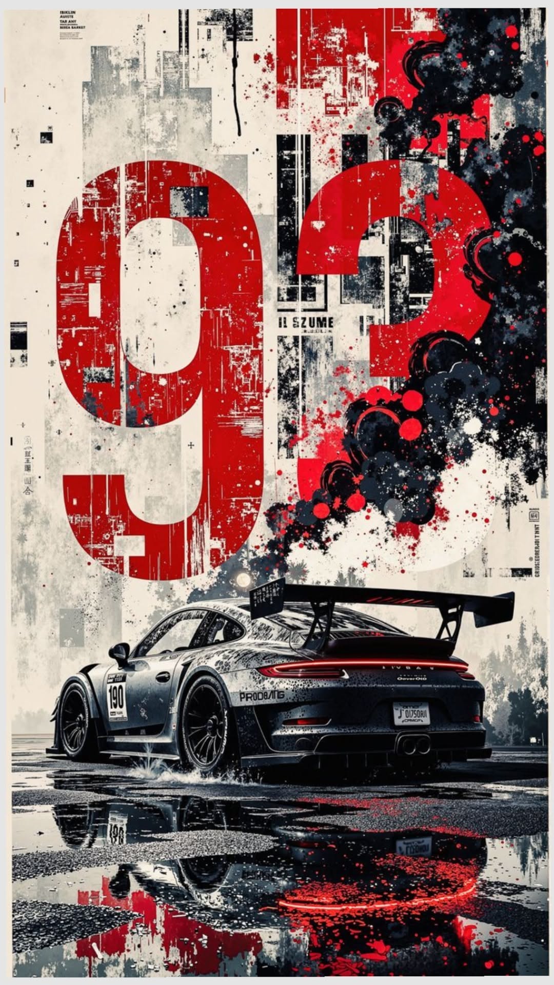 a poster with the number nine on it and a car in front of it