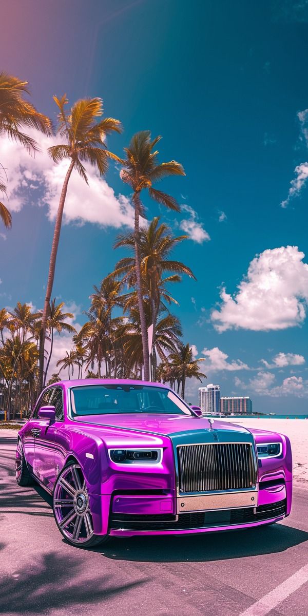 a purple rolls royce parked on the beach with palm trees in the backgroud