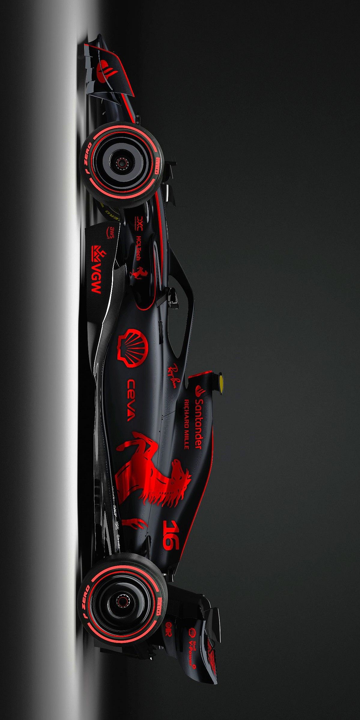 a red and black race car hanging from the side of a pole in front of a dark background