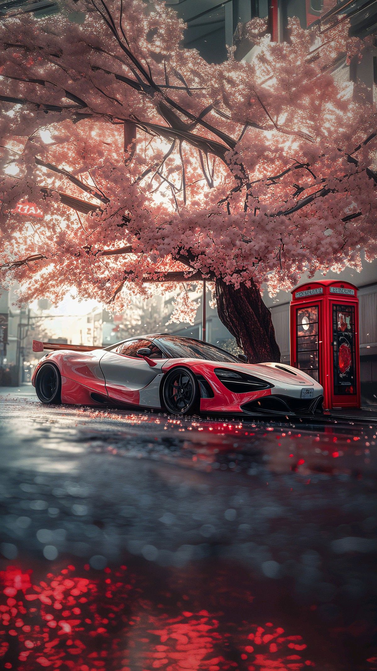 a red and white car parked next to a tree with pink flowers in the background