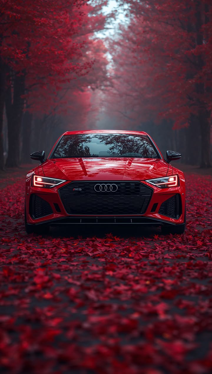 a red car parked in the middle of a forest with leaves all over it's floor