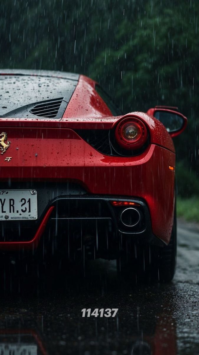 a red ferrari parked in the rain with it's hood up and headlight on