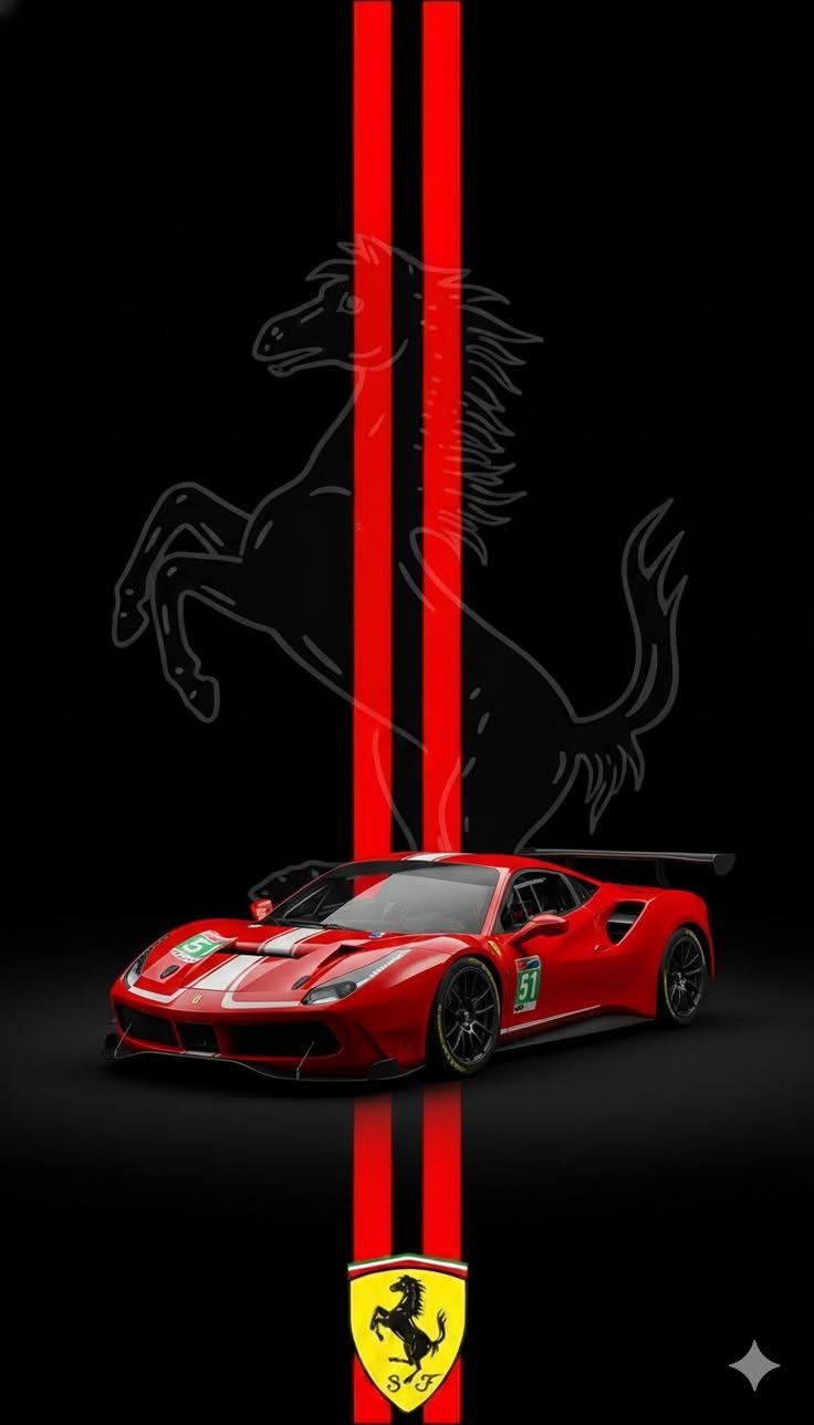 a red ferrari sports car in front of a black background with the word ferrari on it