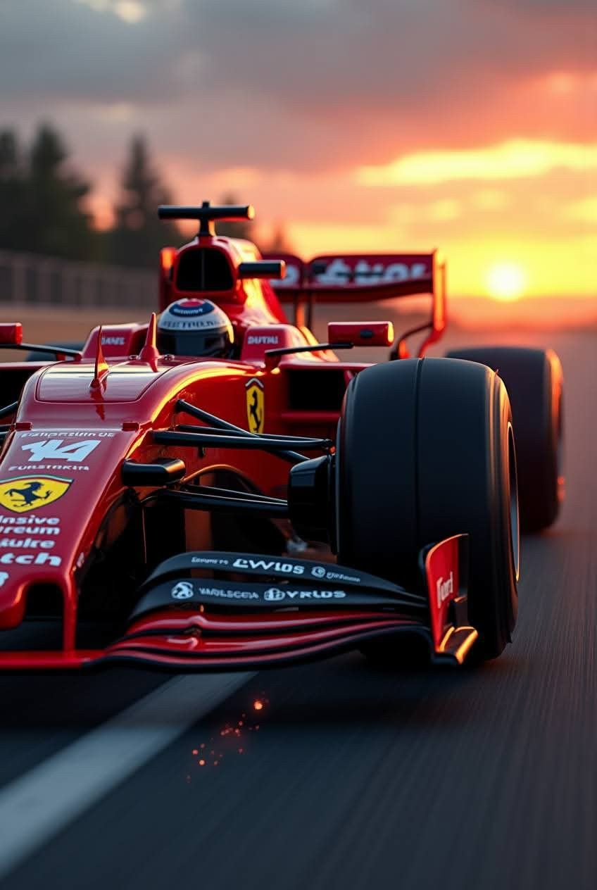 a red race car driving down the road at sunset