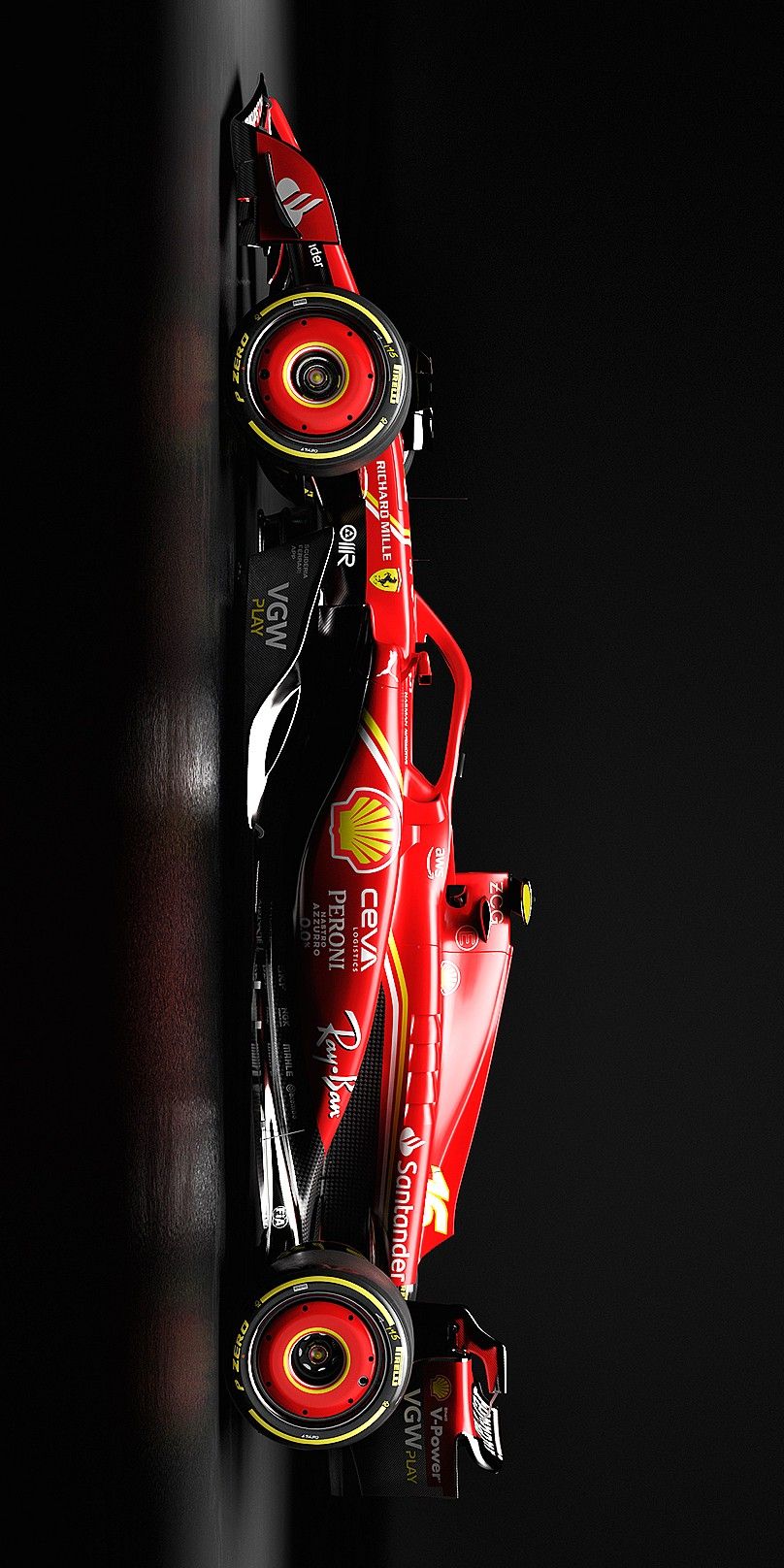 a red race car is shown from above in front of a black background with the number one on it's side