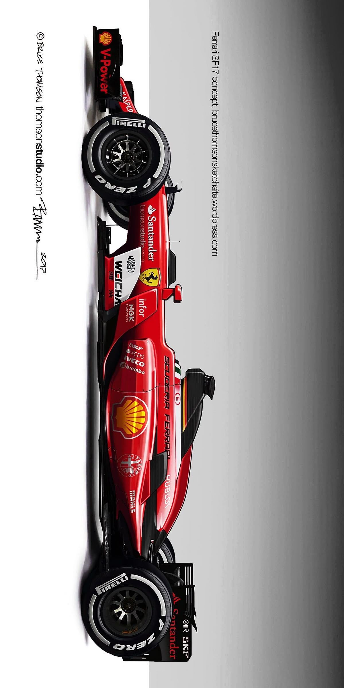 a red race car parked in front of a white wall