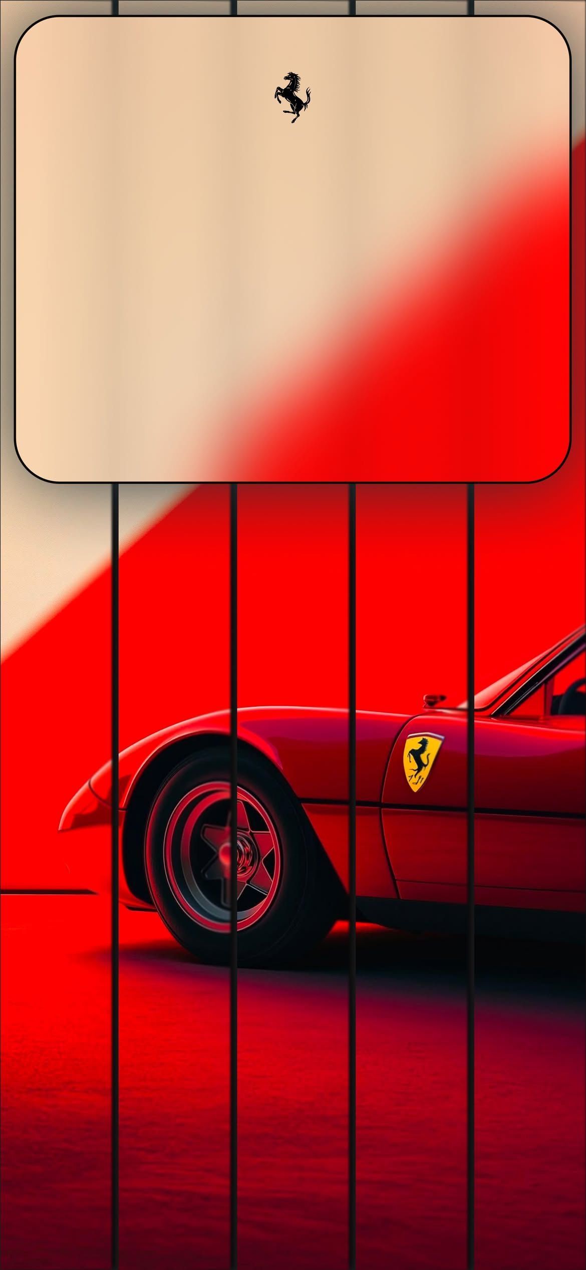 a red sports car behind bars with a white sign on the top and bottom part