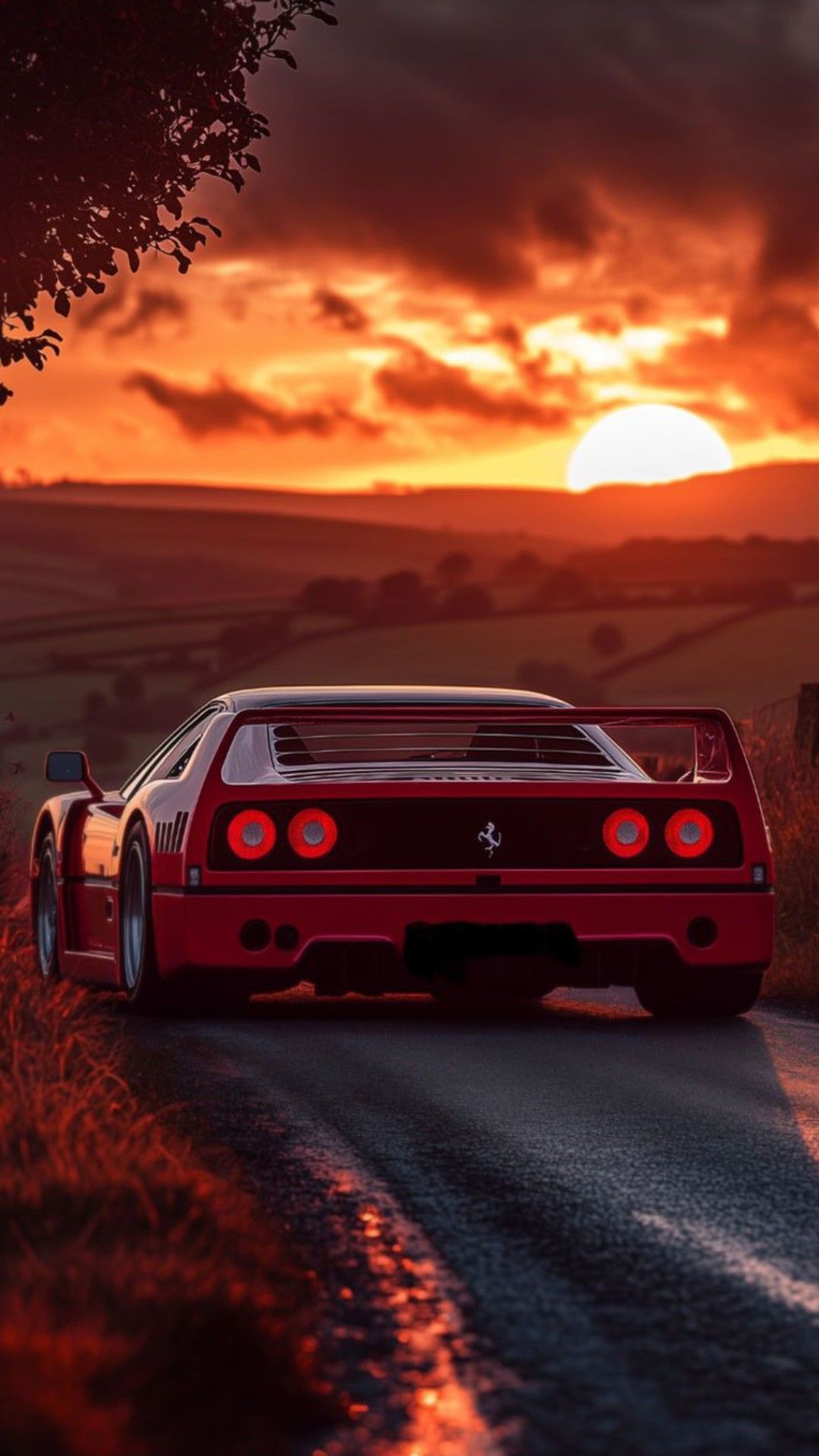 a red sports car driving down a country road at sunset with the sun in the background