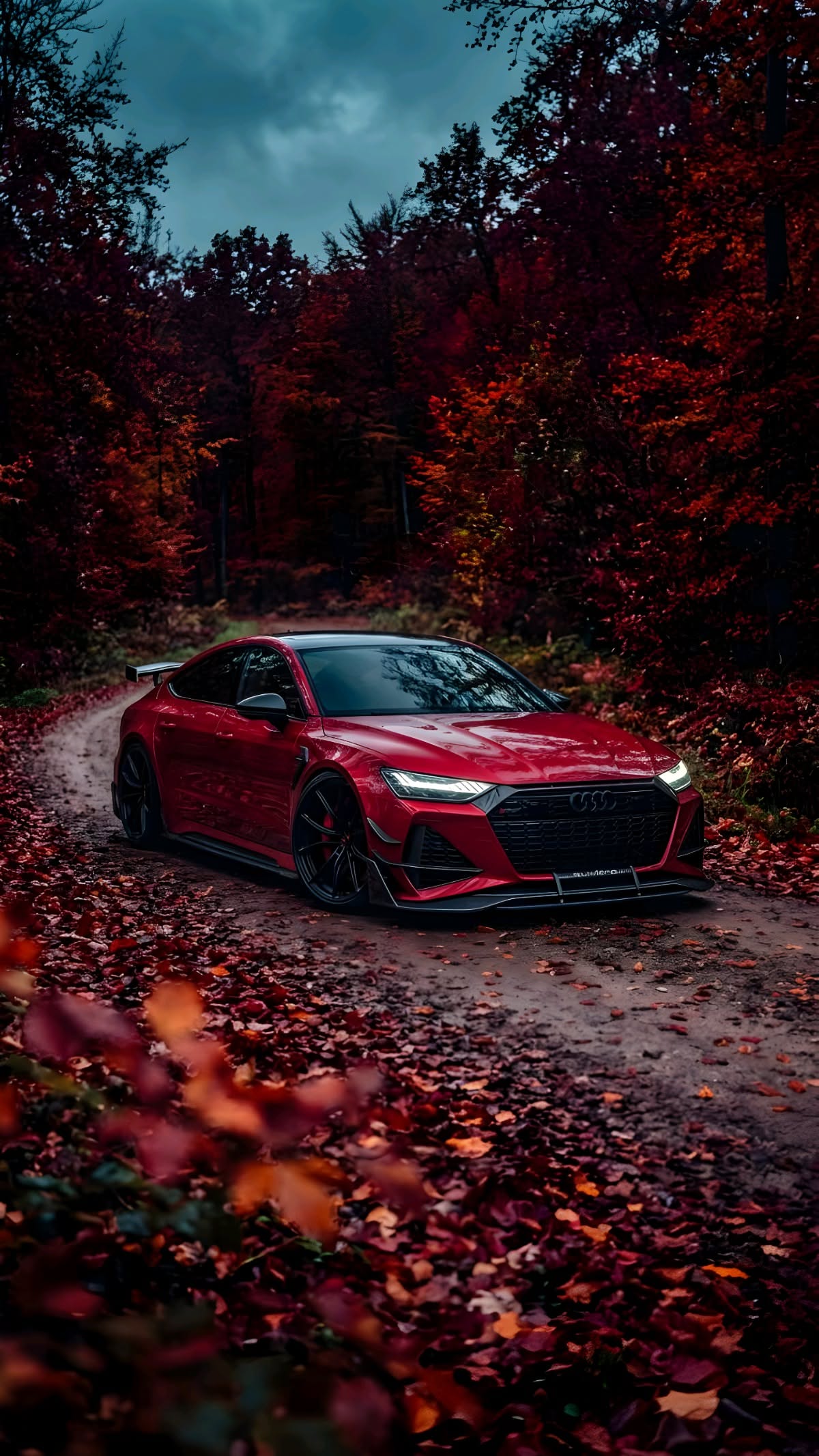 a red sports car driving down a dirt road in the woods at night with leaves on the ground