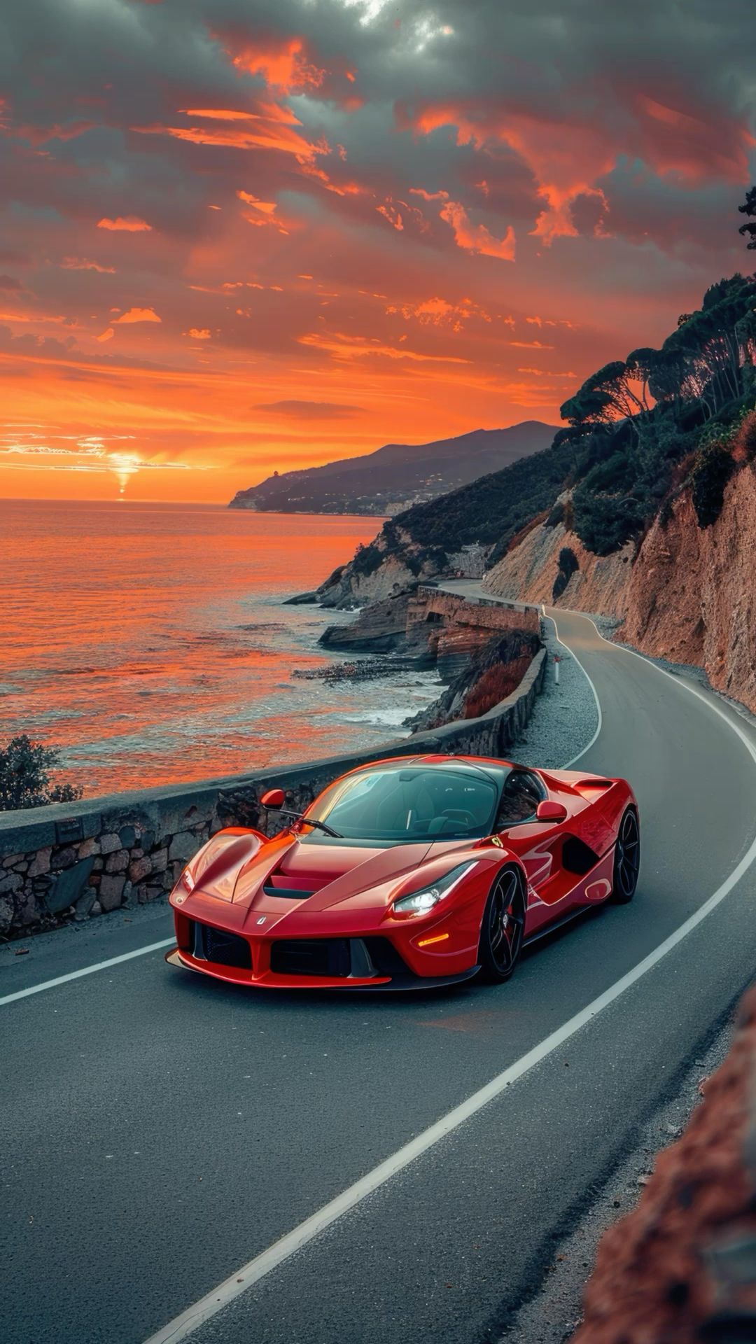 a red sports car driving down a road near the ocean at sunset or sunrise time