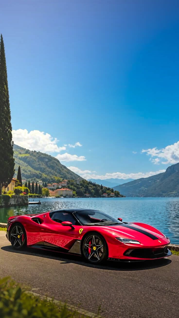 a red sports car driving down a road next to a lake with mountains in the background