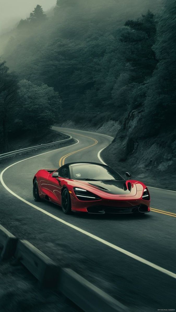 a red sports car driving down a winding road