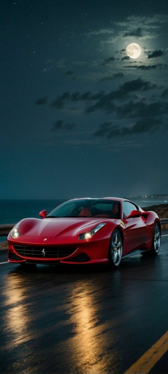 a red sports car driving down the road at night with full moon and clouds in the background