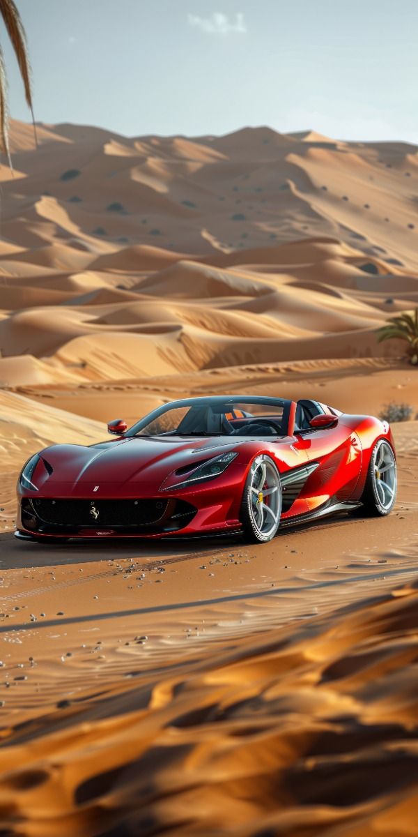 a red sports car in the desert with sand dunes behind it and palm trees on either side