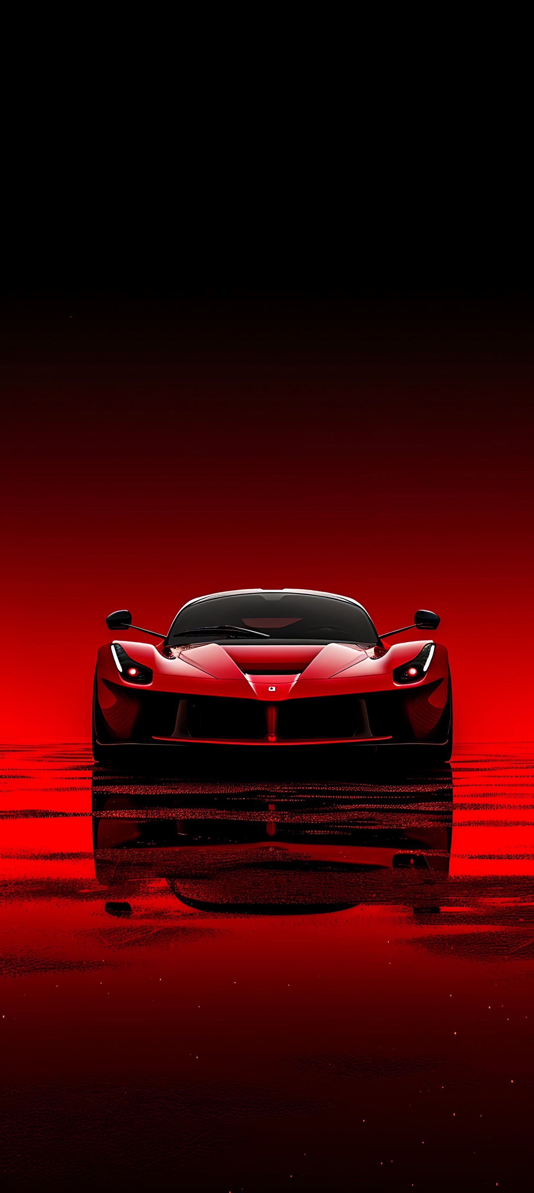 a red sports car in the water on a black and red background with some reflections