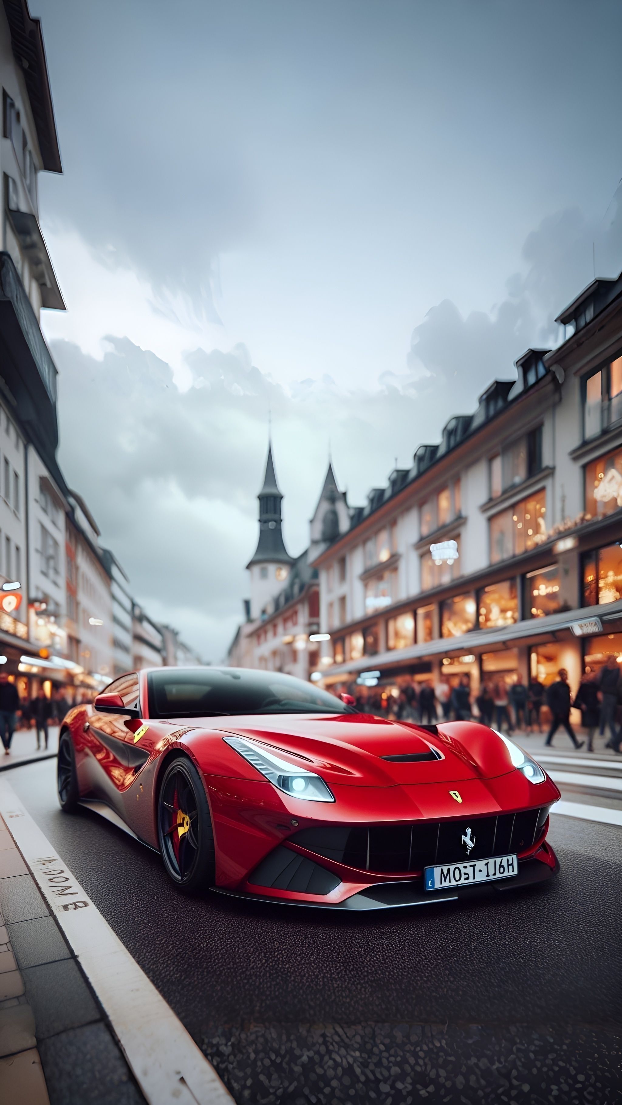 a red sports car is driving down the street in front of some buildings and people