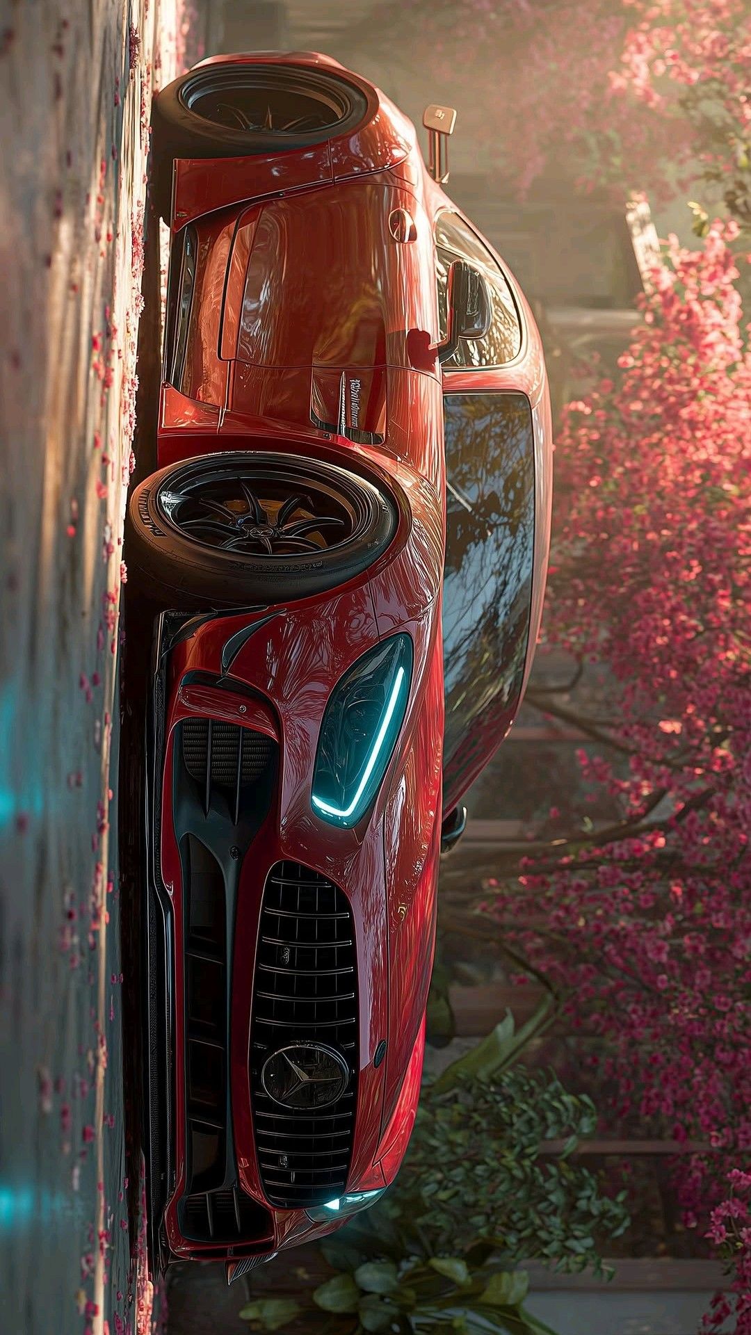 a red sports car is parked in front of a wall with pink flowers on it