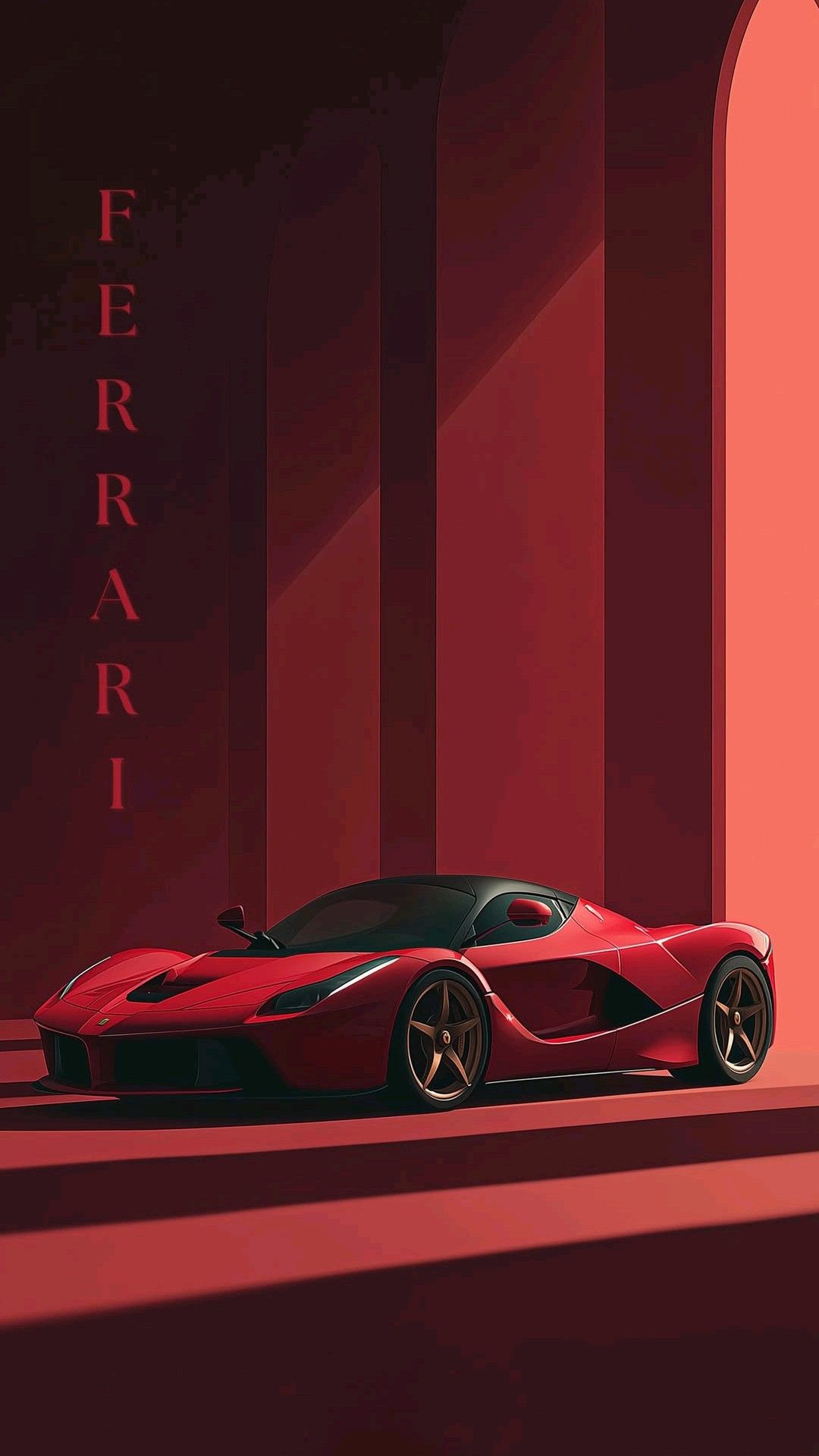 a red sports car is parked in front of a wall with the word ferrari on it