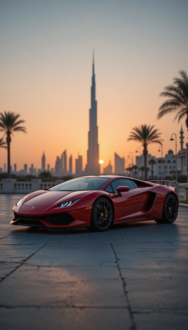 a red sports car is parked in front of the burj building at sunset