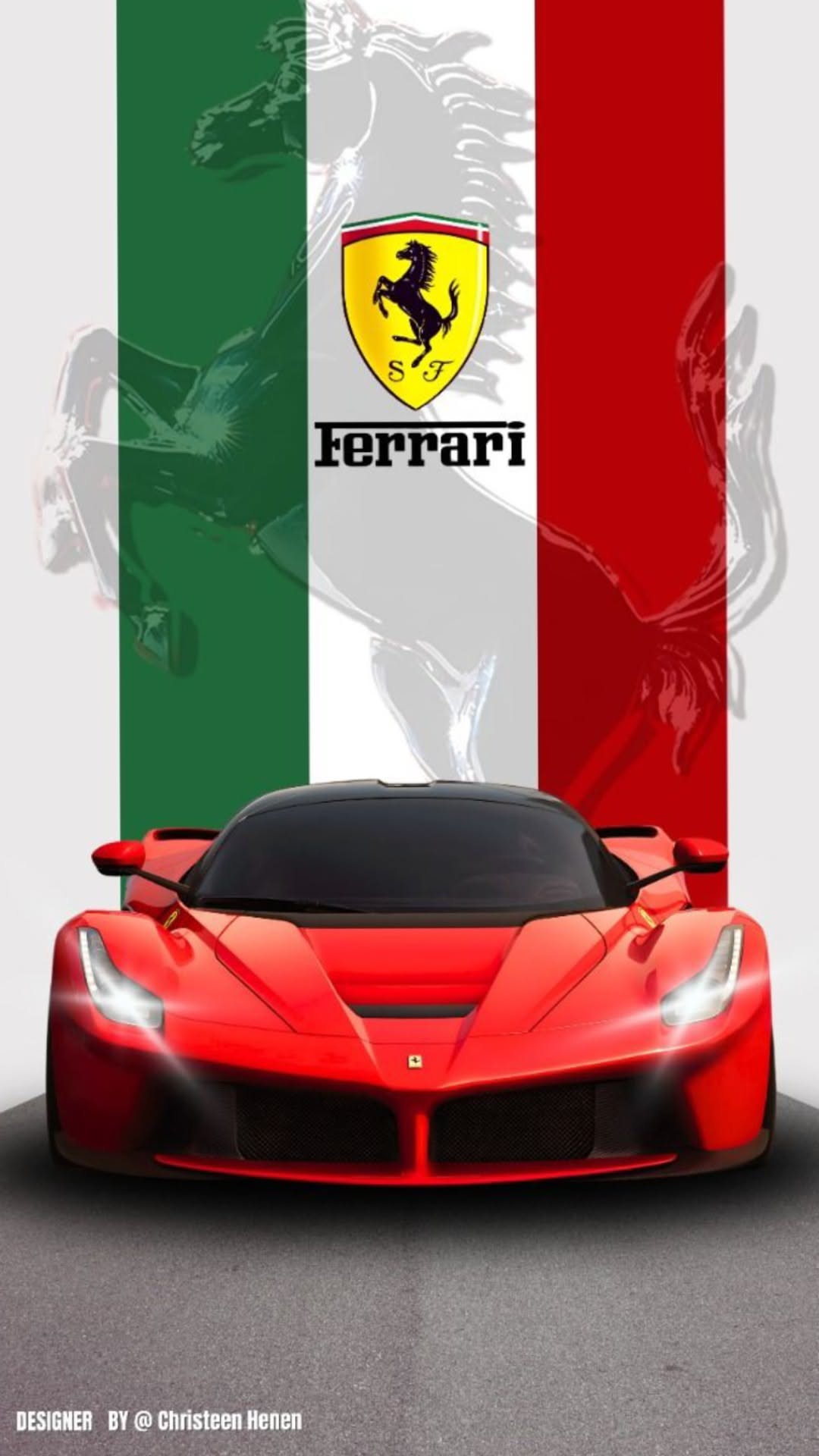 a red sports car is parked in front of the italian flag with ferrari logo on it