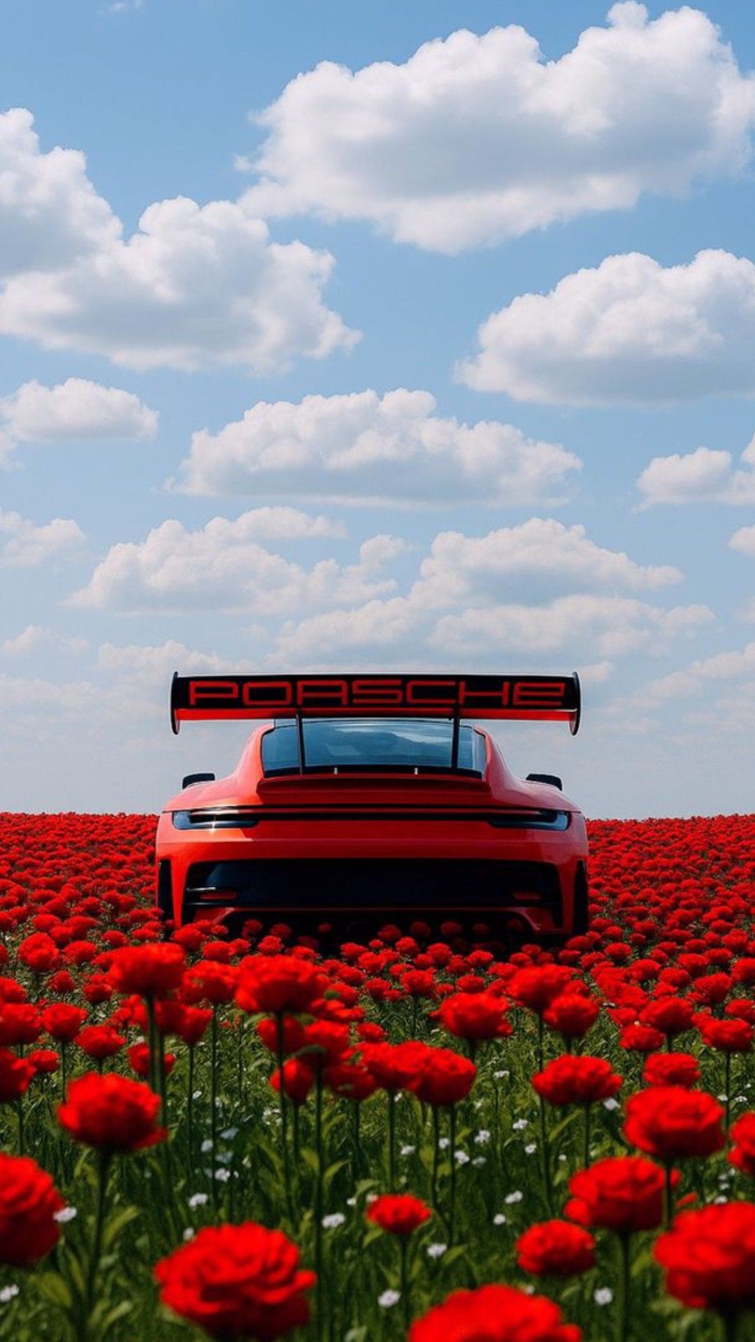 a red sports car is parked in the middle of a field of flowers with a sky background