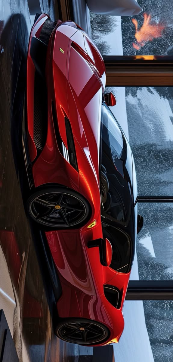a red sports car is shown from above in front of a window with snow on the ground