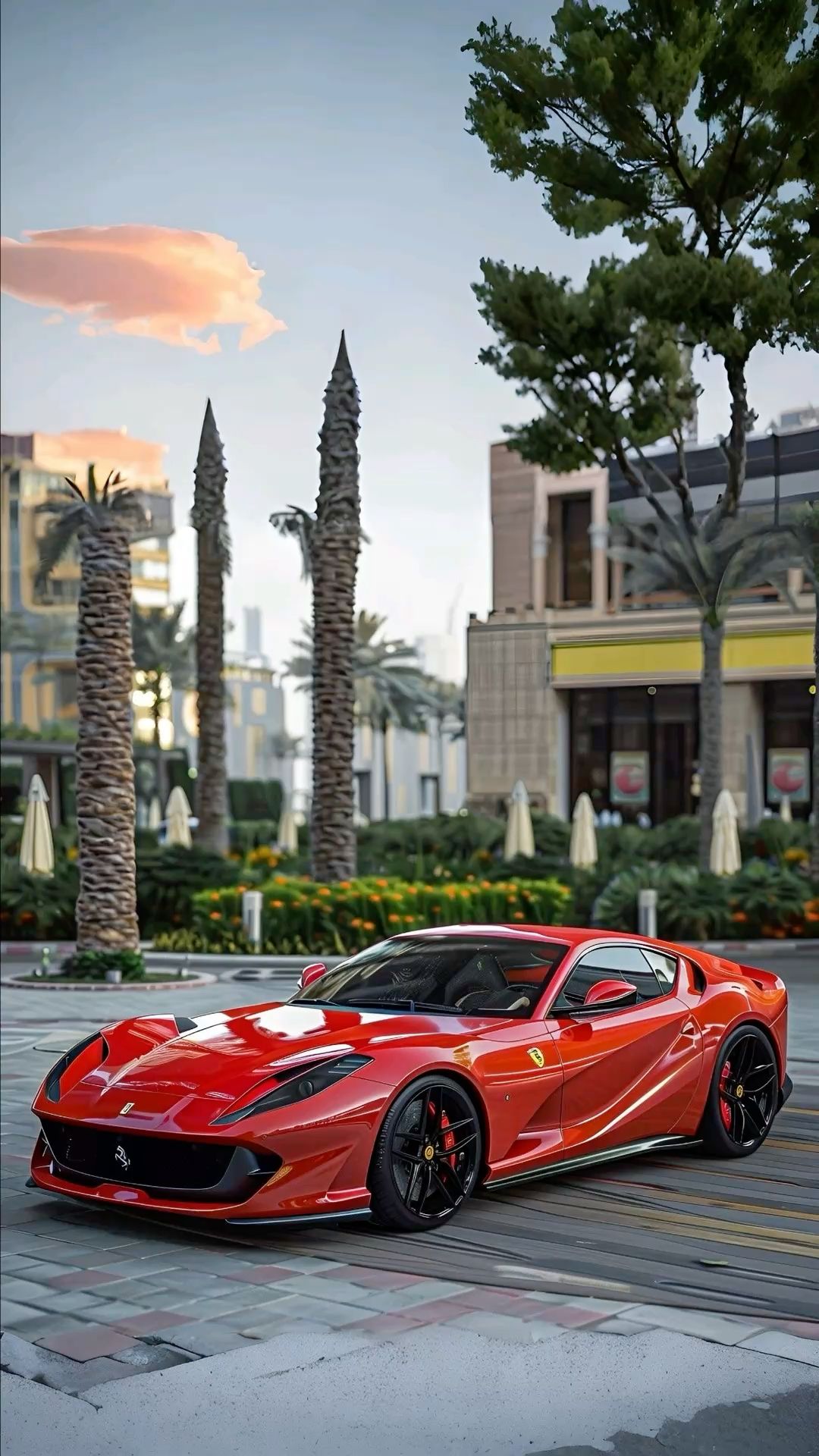 a red sports car parked in front of a building with palm trees and buildings behind it