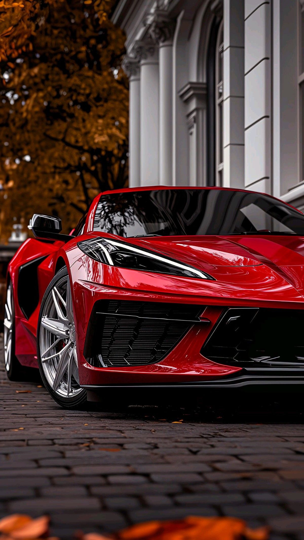a red sports car parked in front of a building