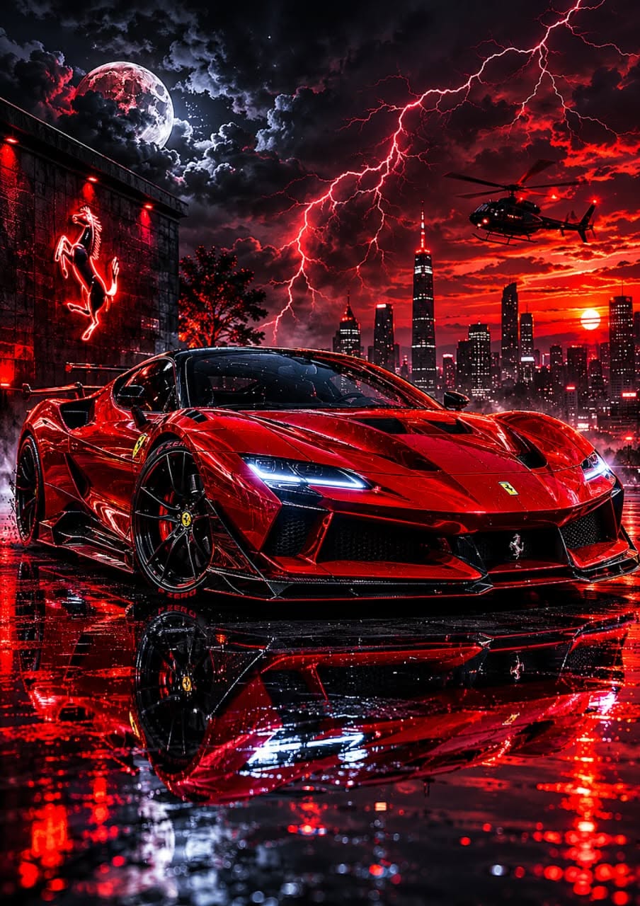 a red sports car parked in front of a city at night with lightning and clouds