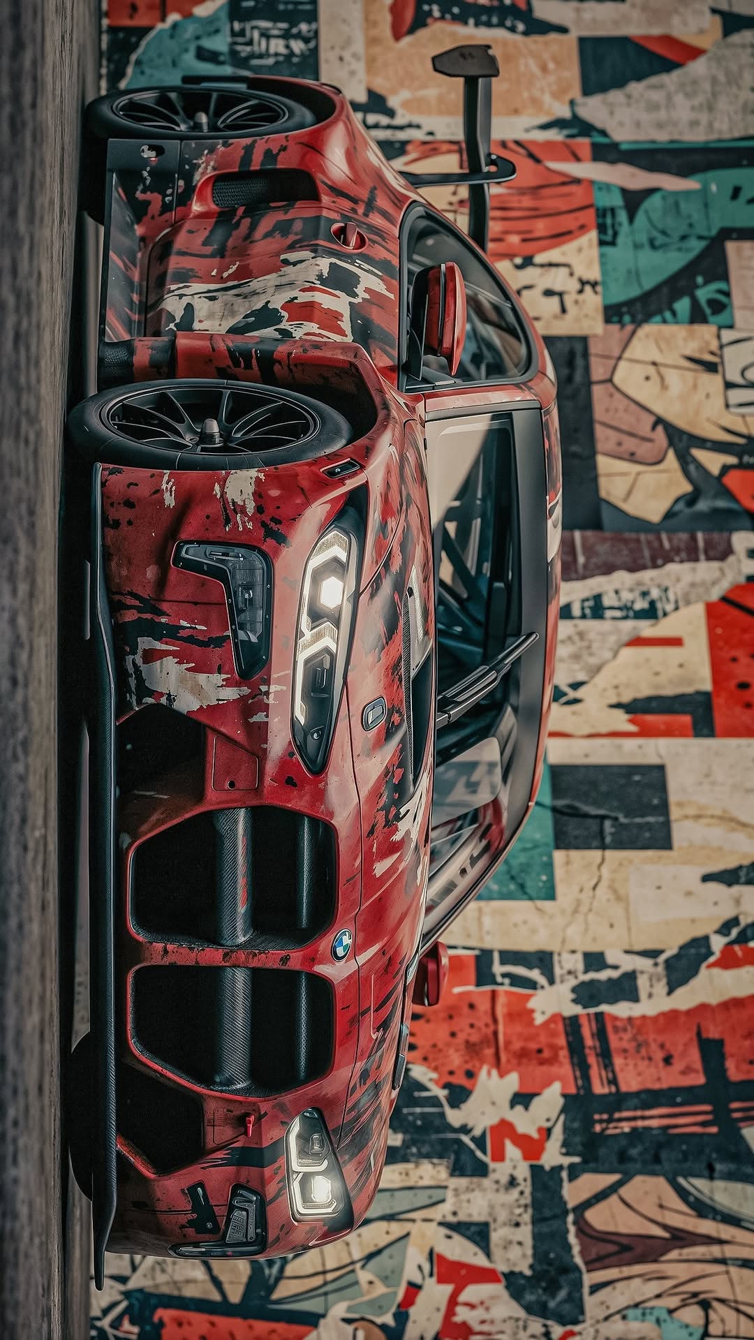 a red sports car parked in front of a colorful wall