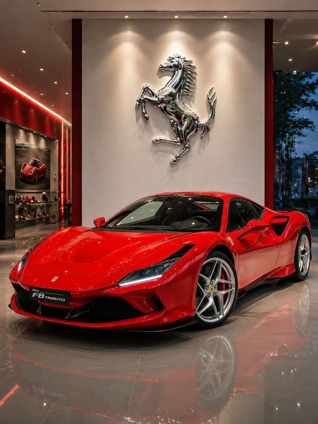a red sports car parked in front of a ferrari logo