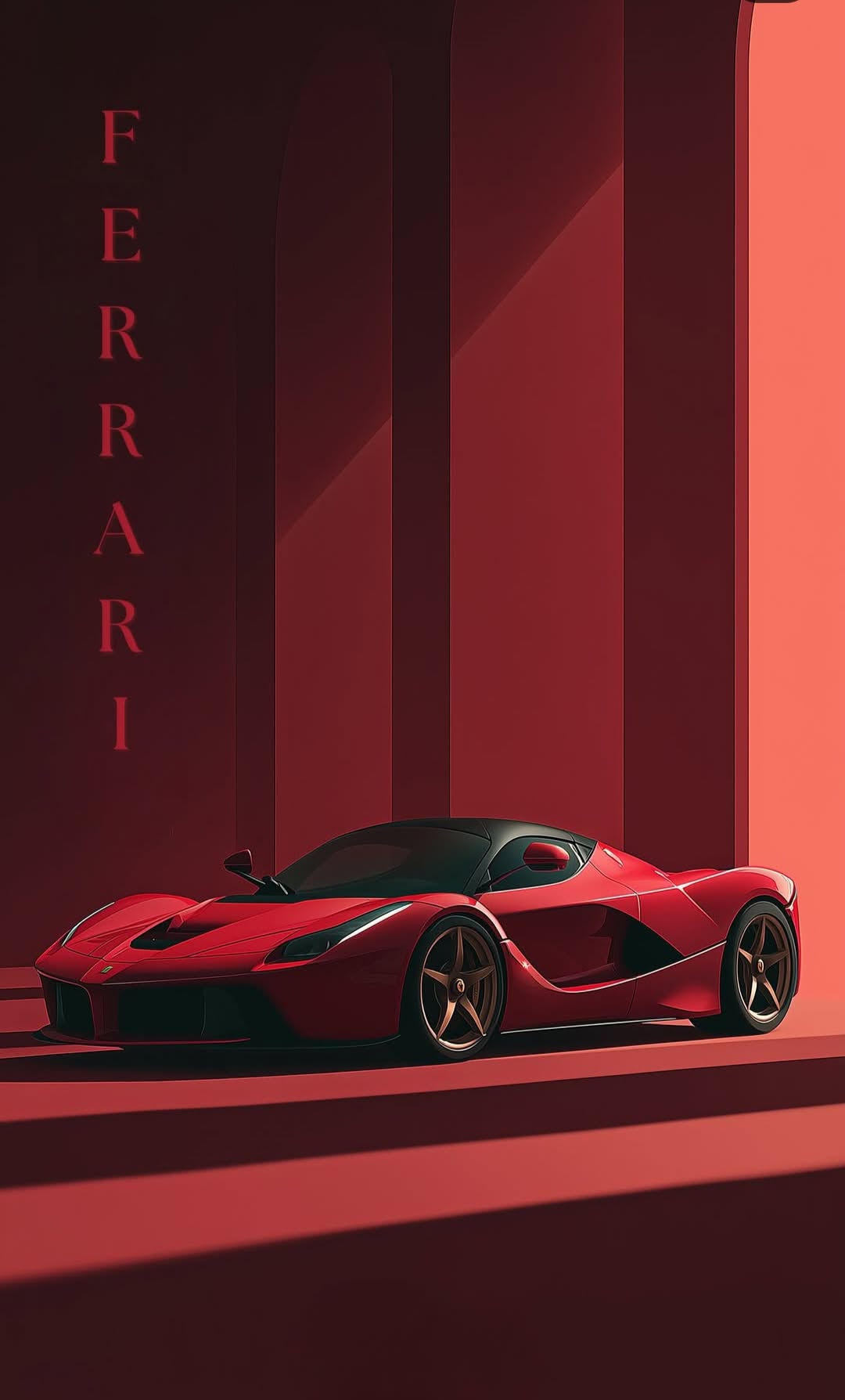 a red sports car parked in front of a wall with the word ferrari on it
