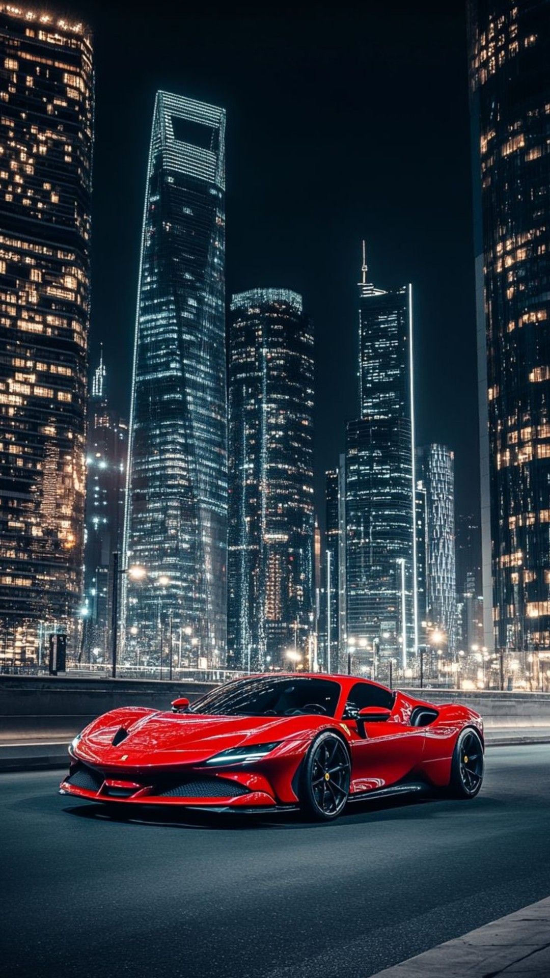 a red sports car parked in front of some tall buildings at night with the lights on