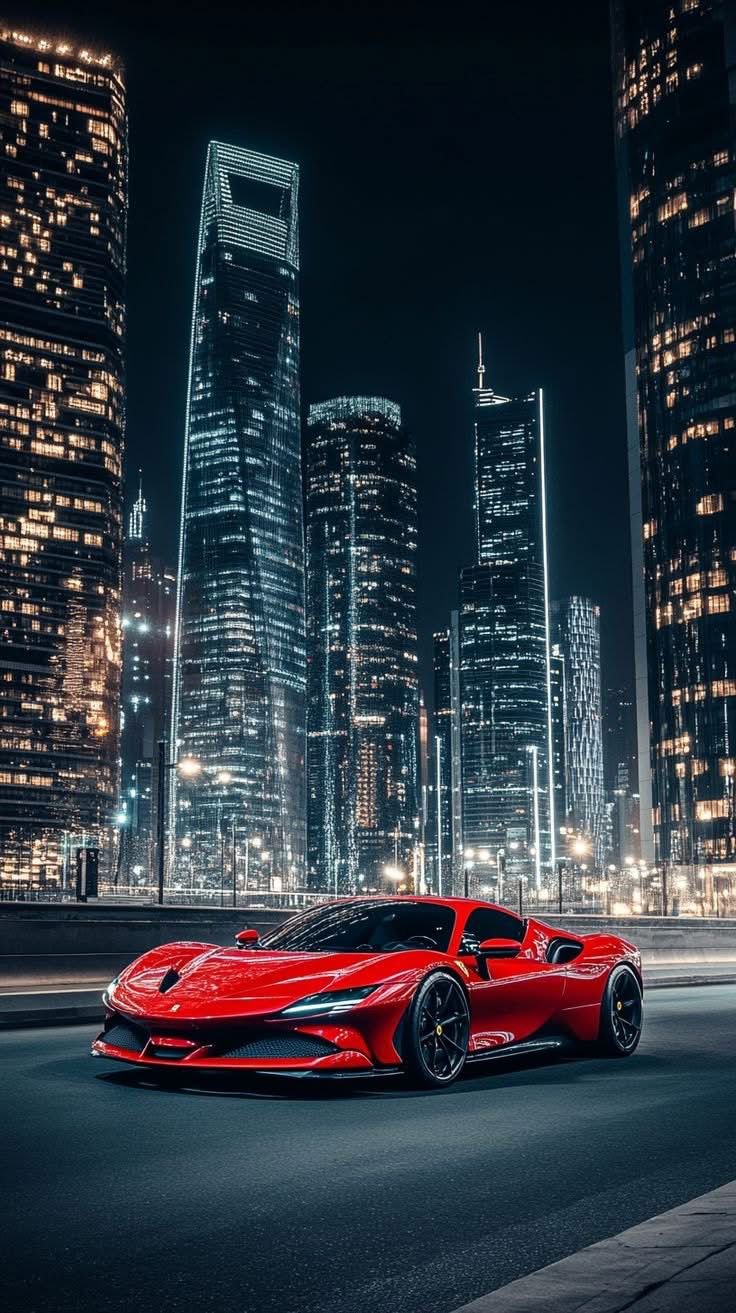 a red sports car parked in front of tall buildings at night with city lights behind it