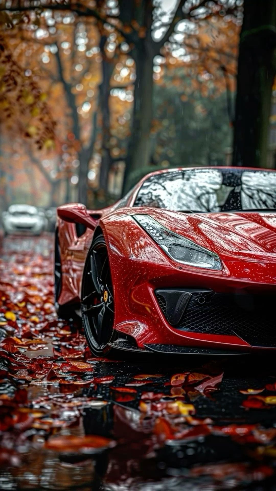 a red sports car parked in the middle of a leaf covered road with trees and leaves all around it