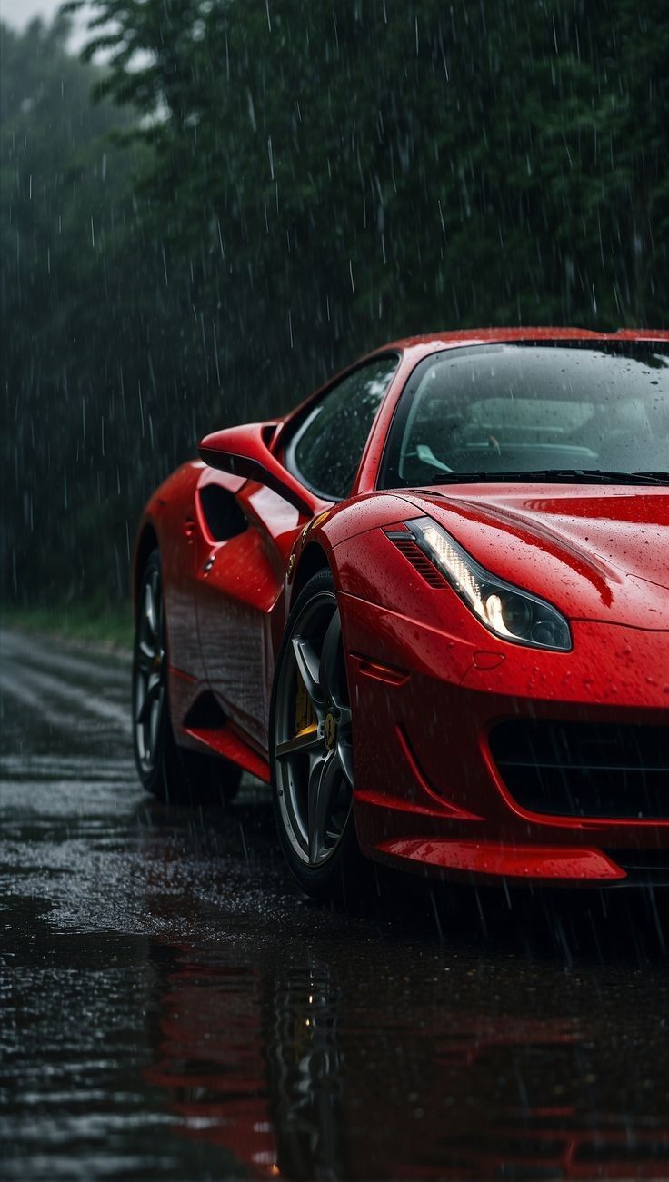 a red sports car parked in the rain on a wet road with trees behind it
