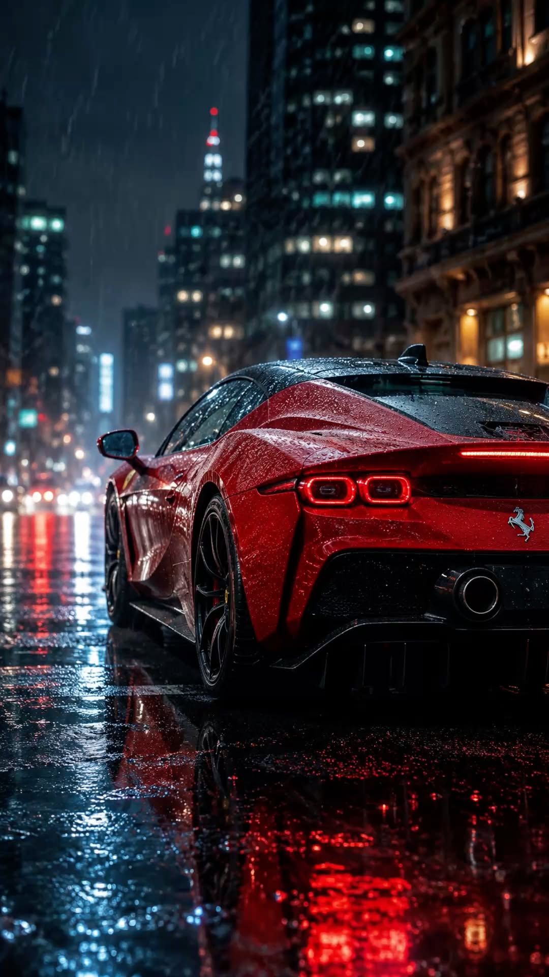 a red sports car parked on the side of a road in the rain at night