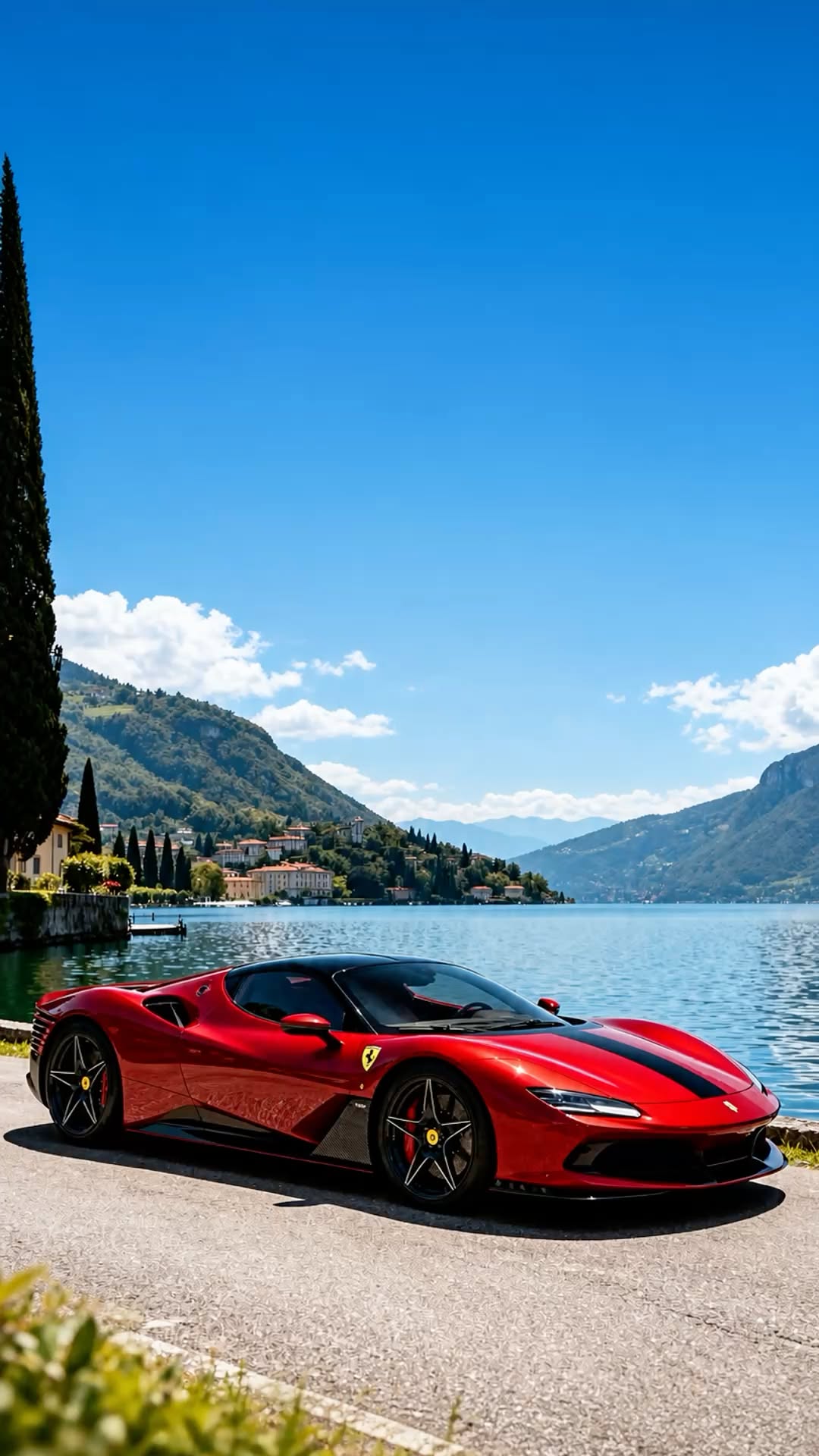 a red sports car parked on the side of a road next to a body of water