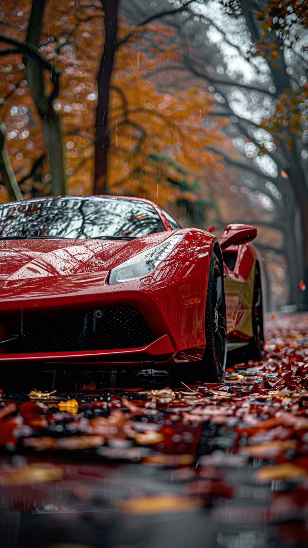a red sports car parked on the side of a road with autumn leaves around it