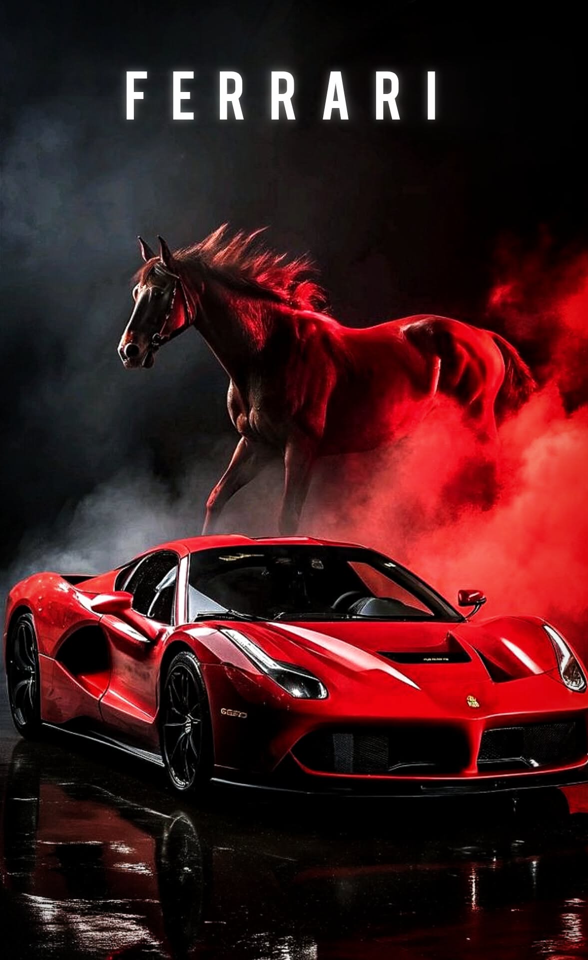 a red sports car with a horse on it's back in front of a black background