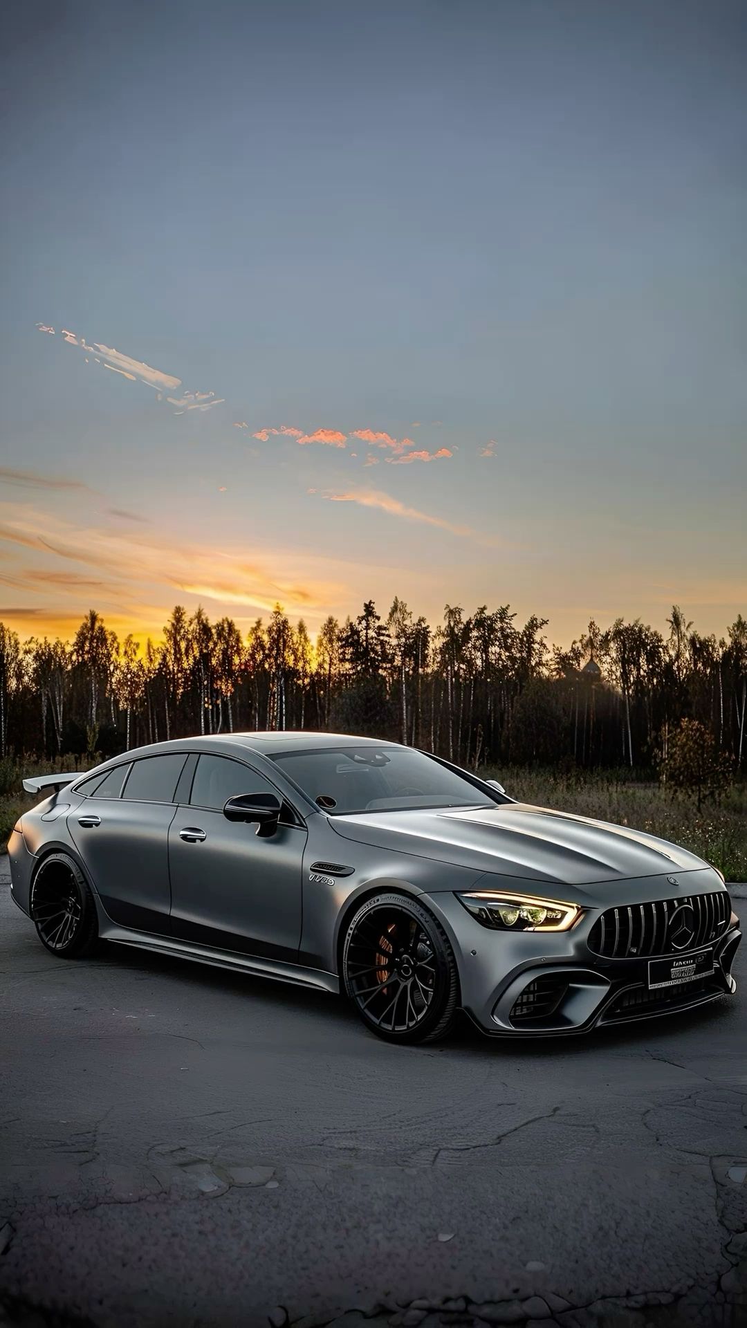 a silver car parked on top of a parking lot next to tall grass and trees