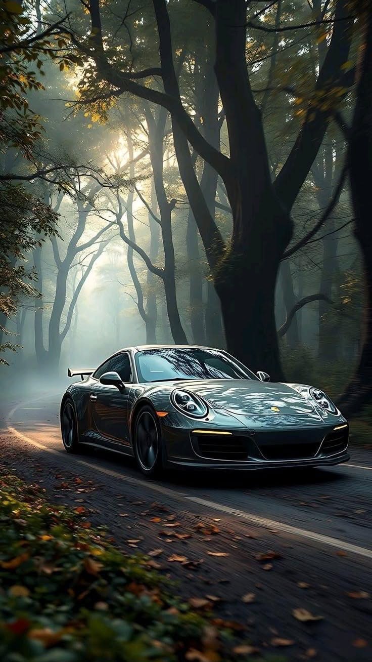 a sports car driving down a road surrounded by trees