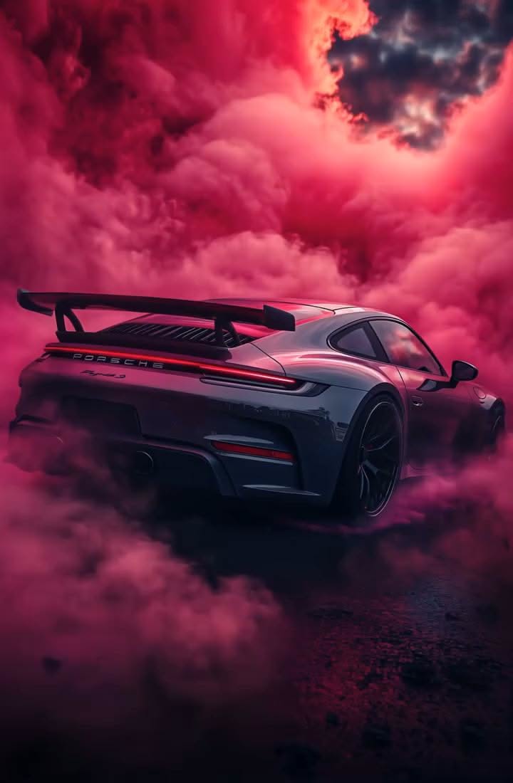a sports car driving through the clouds in front of a bright red sky with dark clouds