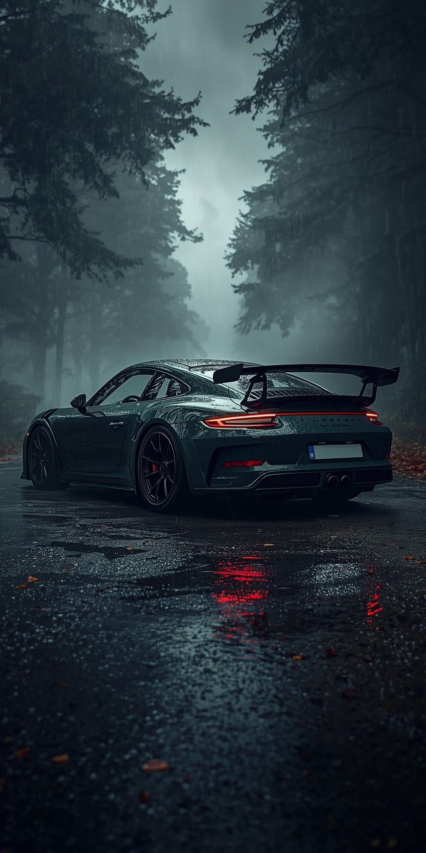 a sports car parked in the middle of a dark forest