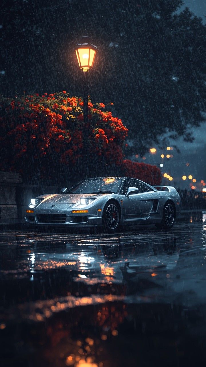 a sports car parked in the rain under a street light with its hood up and headlight on