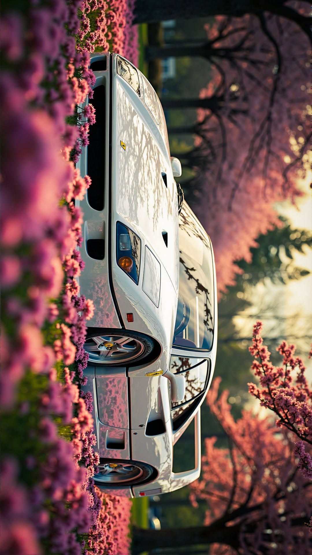 a white car is parked in front of pink flowers