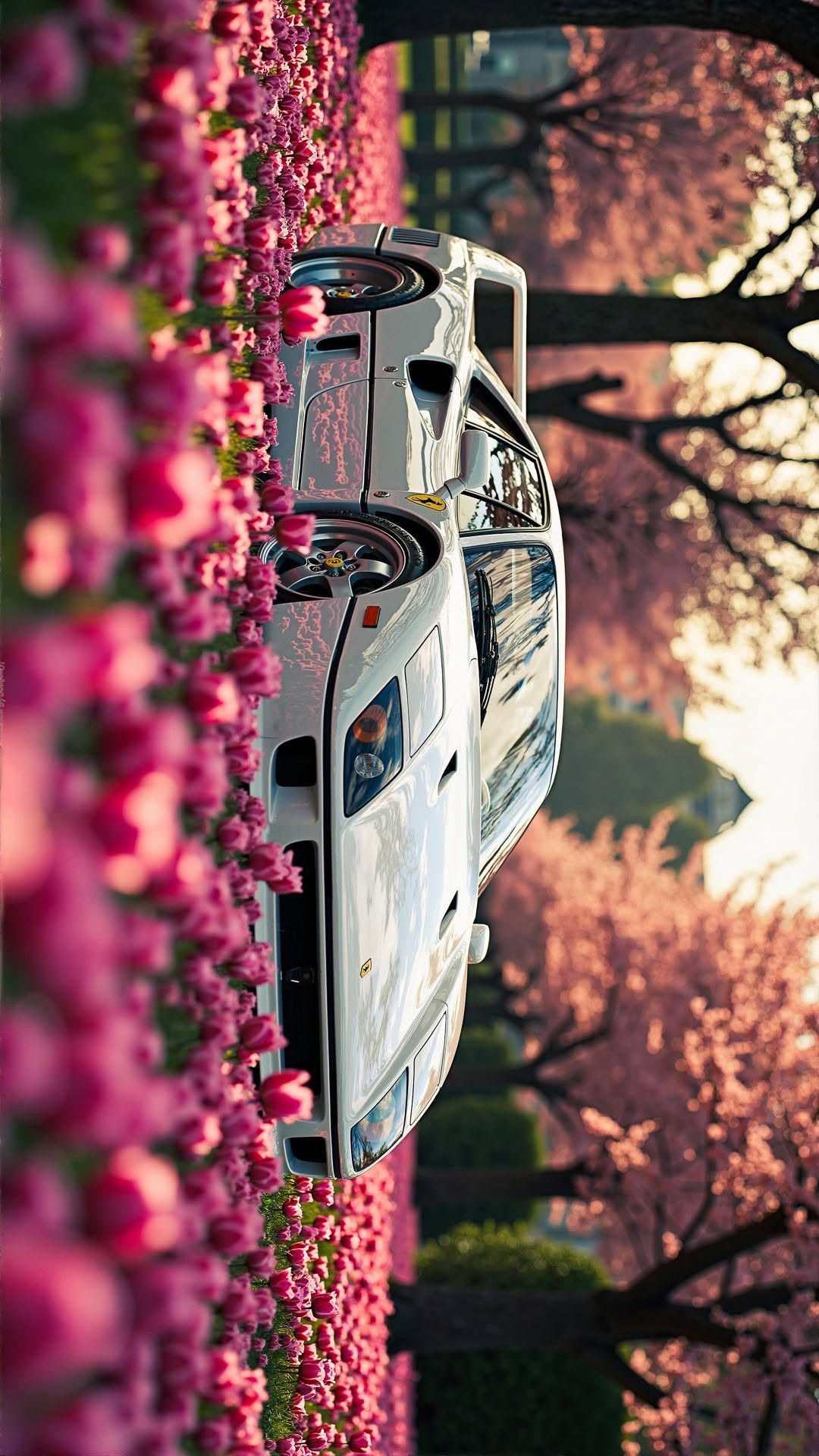 a white car parked in front of pink flowers