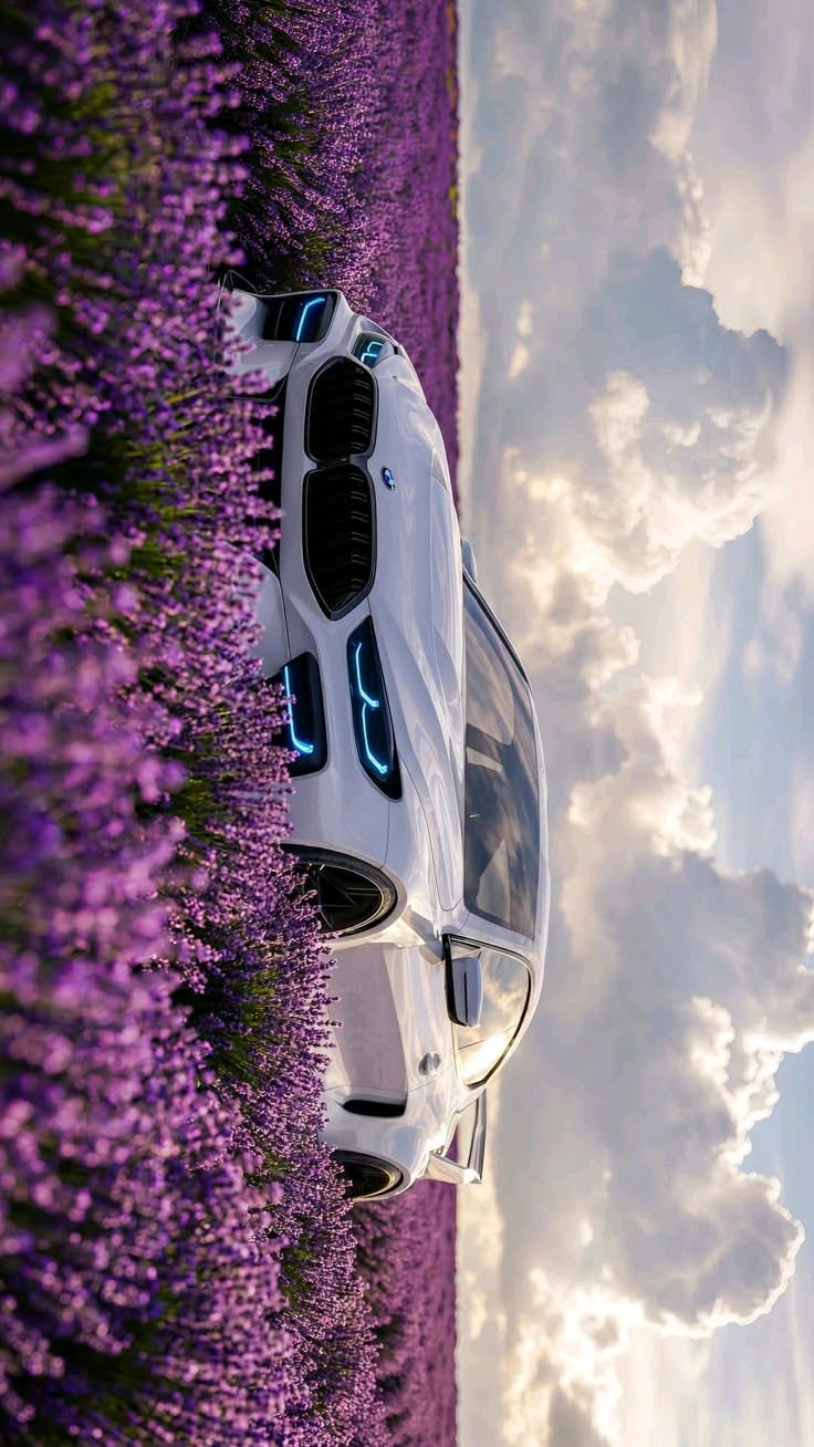 a white car parked on the side of a road next to purple flowers